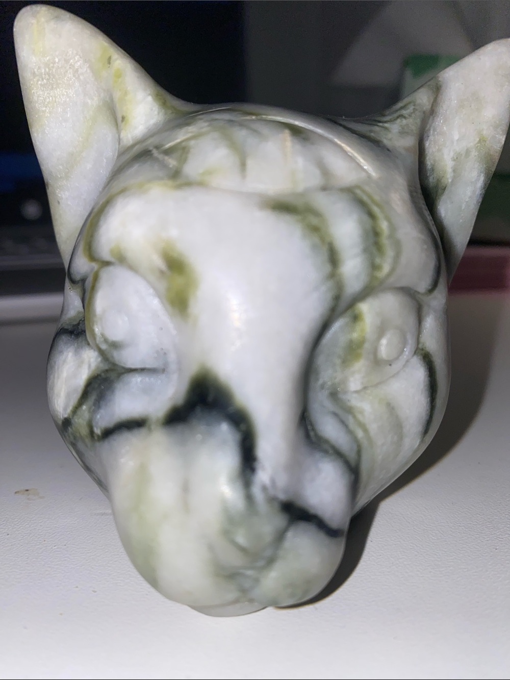 Cat Head Figurine - White and Green stone